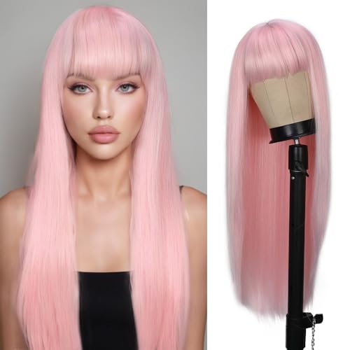 FANCEE Pastel Pink Wig with Bangs - 26 Inch Straight Synthetic Cosplay Hair