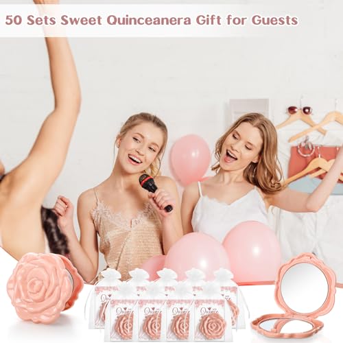 Pink Rose Compact Mirrors Party Favors - 50 Sets for Quinceañera & Sweet 16 - Elegant Guest Gifts