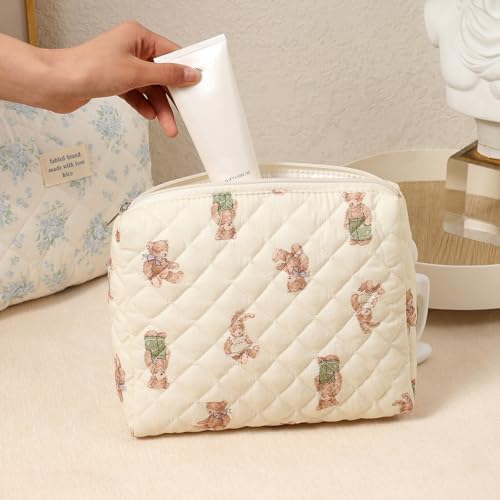 3Pcs Aesthetic Cotton Quilted Drawstring Makeup Bag Set, Aesthetic Cute Bow Makeup Pouch for Girls and Women, Aesthetic Travel Organized Cosmetic Bags for Purse(01Bear)