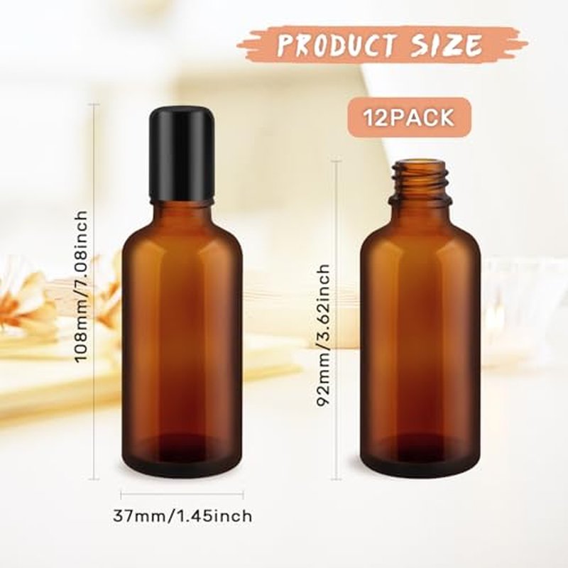 12 Pcs 50ml/1.7oz Amber Glass Essential Oil Bottles with Stainless Steel Roller Ball Refillable Roll-on Bottles Leak-proof Containers for Lotion Deodorant Massage Oil Perfume