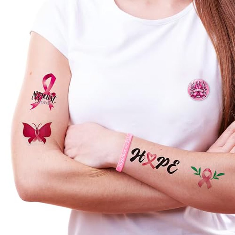 36 Pcs Breast Cancer Awareness Items Bulk, Pink Breast Cancer Awareness Accessories Decorations Include Breast Cancer Bracelets, Pins Buttons, Temporary Tattoo Stickers