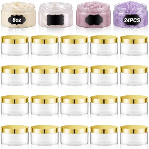 Clear 8 oz Cosmetic Jars with Gold Lids & Labels - Pack of 24 - Variation: Gold Lid / 8 oz