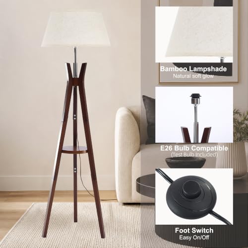 Walnut Floor Lamp with Shelves - 59 Inch Standing Lamp for Bedroom & Living Room - Booniture