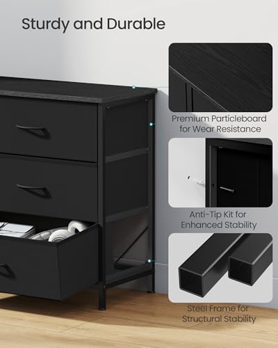 SONGMICS Dresser with 9 Fabric Drawers and TV Stand for 70-Inch TVs - Ink Black, 13.8 x 68.4 x 26.8 Inches