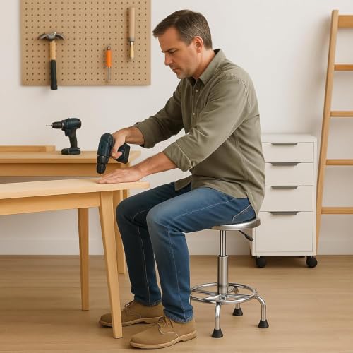 Adjustable Stainless Steel Work Stool - Ergonomic Round Chair with Footrest, Non-Slip Pads, Silver Foot Nail Model
