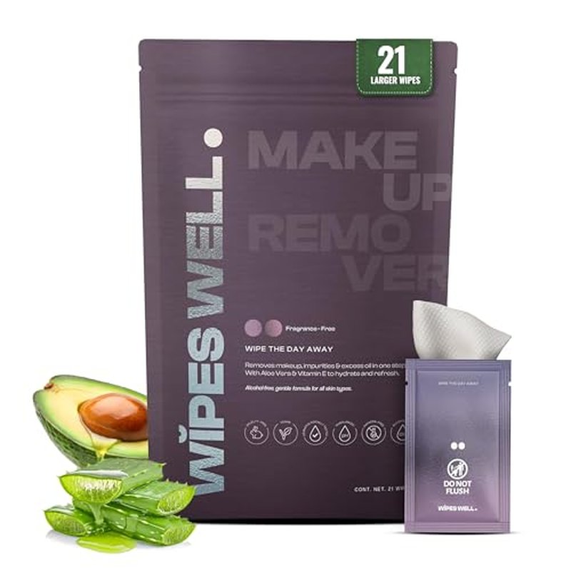 Makeup Remover Wipes - with Aloe & Avocado Oil - Make up Remover for Face, Eyes, Lips - Face Travel Essentials - Pouch of 21ct Makeup Wipes - Fragrance-Free, Individually Wrapped, Travel size