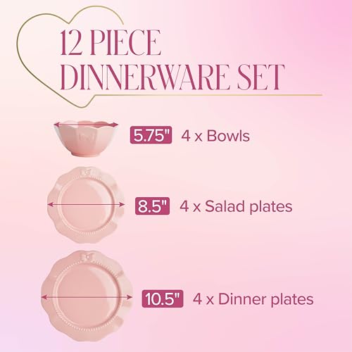 Pink Embossed Bow Dinnerware Set - 12-Piece Ceramic Service for 4 by Paris Hilton