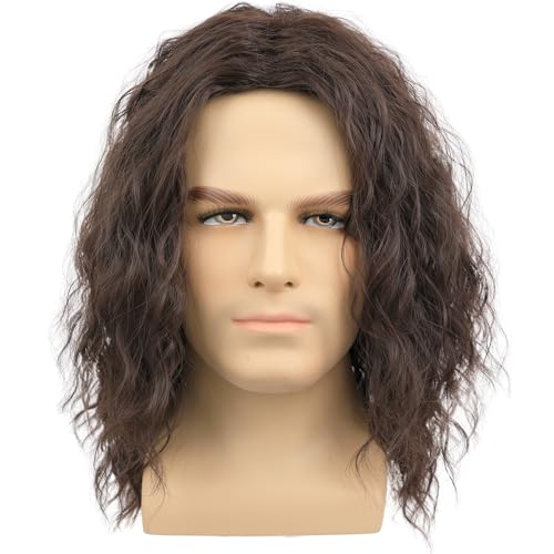 Mens Brown Wavy Wig - Medium Length Natural Look Middle Part Cosplay Costume