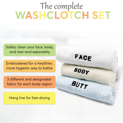 Crafty Cloth 6-Piece Washcloth Set with Embroidered Labels - Face, Body & Butt Fabrics - Beige, Blue, White