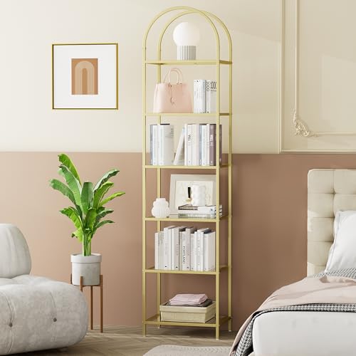 Tall Gold 6-Tier Bookshelf with Glass Shelves, Arched Design, 11.8x13.8x68.1 Inches