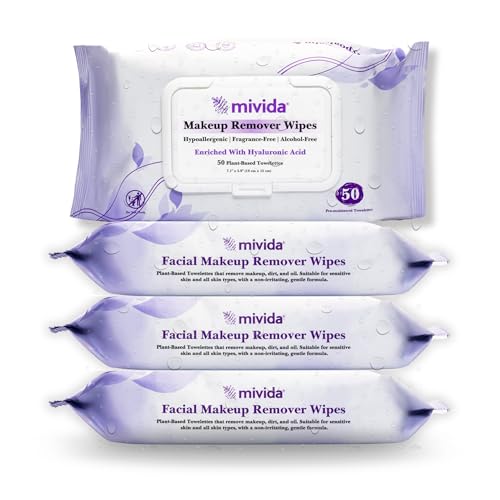 mivida Hypoallergenic Makeup Remover wipes Bulk with Hyaluronic Acid, Alcohol & Fragrance Free Makeup Wipes Sensitive Skin, Plant-Based Facial Wipes Make Up Remover, (4 Packs x 50 Wipes) Total 200ct