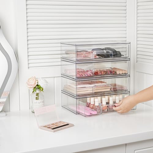 Wide 3-Pack Clear Stackable Acrylic Drawer Organizers for Makeup and Beauty Supplies