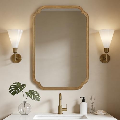 36-Inch Natural Light Woodgrain Rounded Corner Wall Mirror with Frame - Entryway & Living Room Decor