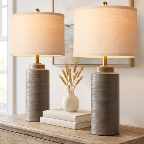 PARTPHONER 27" Greyish Brown Vintage Ceramic Table Lamp Set of 2 | Ribbed Texture, Brass Accents, Linen Shade