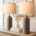 PARTPHONER 27" Greyish Brown Vintage Ceramic Table Lamp Set of 2 | Ribbed Texture, Brass Accents, Linen Shade