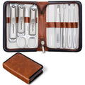 FAMILIFE 9-in-1 Nail Care Kit - Carbon Steel Cuticle Scissors & Clippers, Travel Grooming Set - Brown