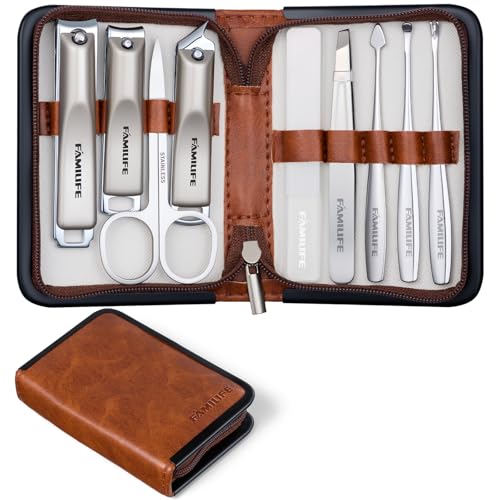 FAMILIFE 9-in-1 Nail Care Kit - Carbon Steel Cuticle Scissors & Clippers, Travel Grooming Set - Brown