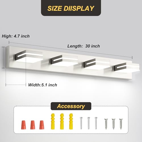 OKELI 30-Inch Brushed Nickel 4-Light Dimmable LED Vanity Light Over Mirror with Adjustable Heads