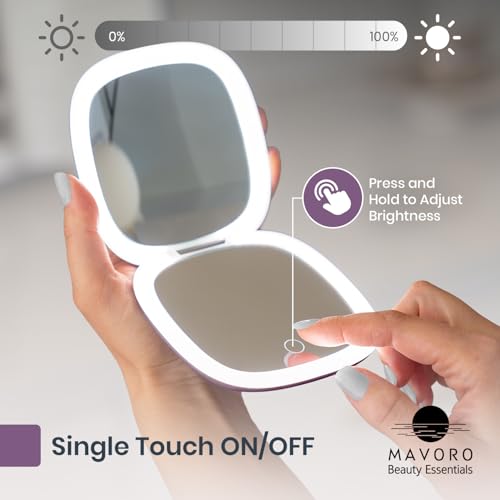 LED Compact Travel Makeup Mirror - 1x/10x Magnification, Dimmable, USB-C Violet Mist