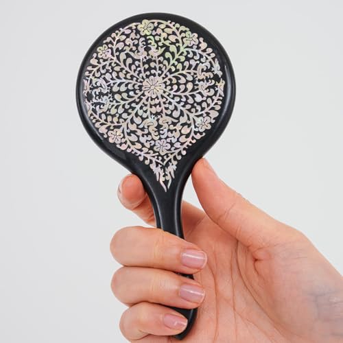 February Mountain Mother-of-Pearl Hand Mirror ? Korean Black Lacquer Mirror with Floral Inlay ? Gift for Women, Mom, Wife, Daughter ? Birthday, Mother¡¯s Day, Christmas, Anniversary