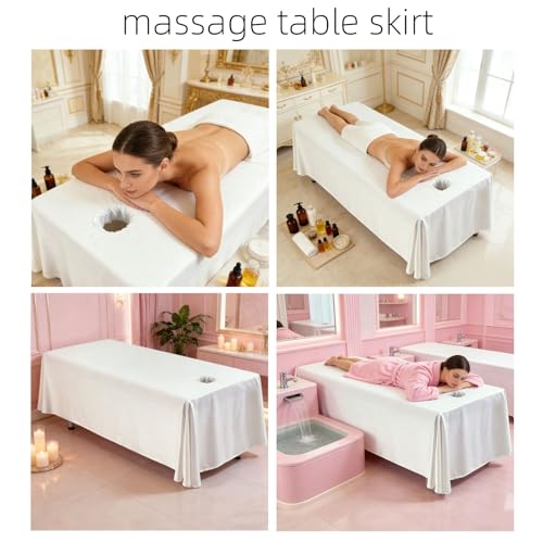 Premium Reusable Massage Table Skirt Sheets with Face Hole - 72x118 Inch White Fitted Bed Cover for Spa & Esthetician Beds