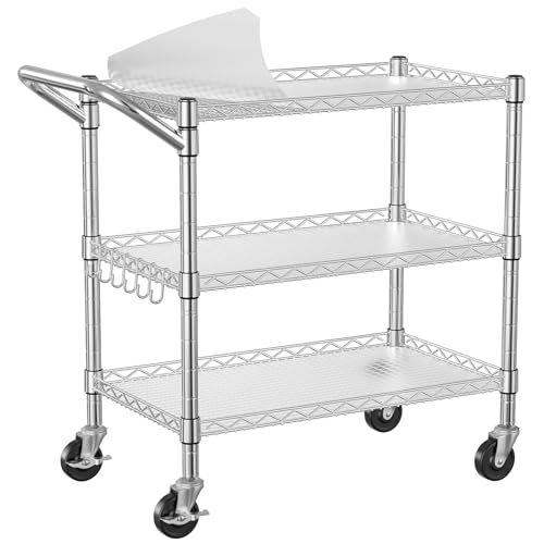 Heavy Duty 3-Tier Rolling Utility Cart with Lockable Wheels, NSF Metal Kitchen & Storage Cart, 990 lbs Capacity