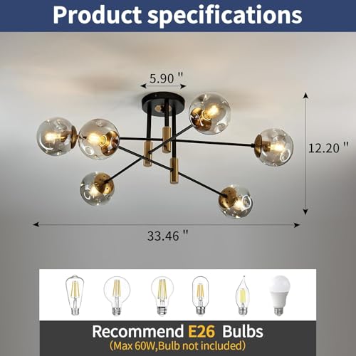 Modern Black and Gold Glass Globe Sputnik Ceiling Light Fixture - Semi-Flush Mount for Living Room, Kitchen, Bedroom