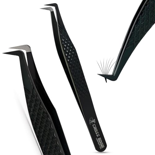 CrossEdge Corporation Fiber Tip Lash Tweezers for Eyelash Extension Curved 90 Degree Angle Boot Tweezer Best for Volume, Individual Isolation & Classic Lashes Stainless Steel Lash Supply (Black)