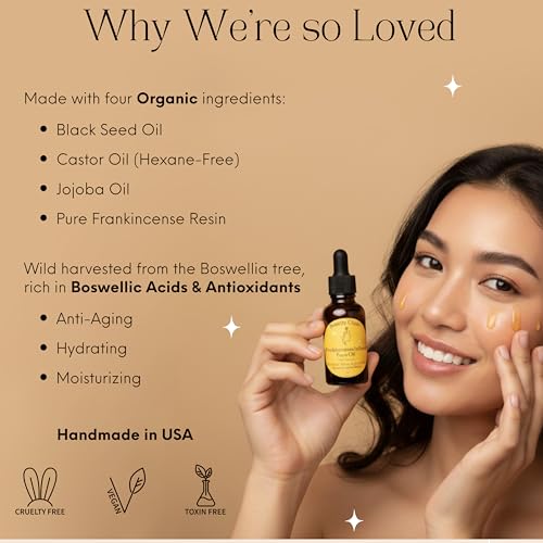 Organic Frankincense Resin Infused Face Oil with Black Seed, Castor & Jojoba Oils - Hydrating Anti-Aging Serum for Radiant Skin - 1 Fl Oz