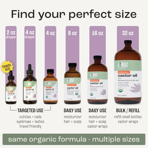 J MAC BOTANICALS Organic Castor Oil 32 oz Cold Pressed Moisturizer for Hair & Skin with Amber Glass Bottle