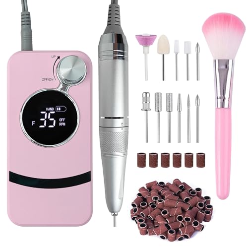 Electric Professional Nail Dril 35000RPM Pink Nail File for Acrylics Gel Nail Polish Remove Cordless Portable Rechargeable Nail Drill Kit for Home Salon Manicure Pedicure