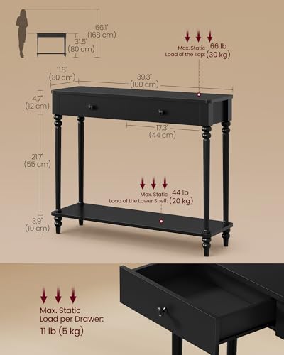 VASAGLE 39.3-Inch Console Table with Solid Wood Legs - Ink Black, Narrow Entryway Sofa Table, 11.8" Deep