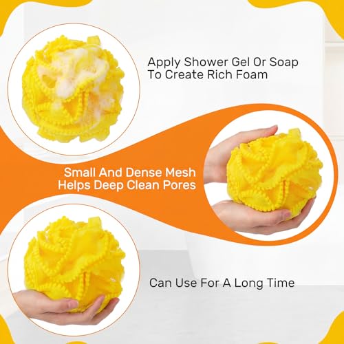 Duraaamo 12 Pcs Bath Loofah Sponge, Yellow Exfoliating Body Scrubber 50g Bath Shower Loofah Sponge Pouf Puff Mesh Shower Pouf Balls Soft Quick-Dry Cleanse Skin Accessories for Easter Chick Duck Party