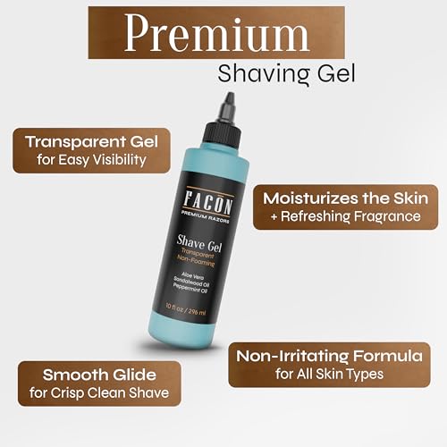 Fac?n Transparent Shaving Gel for Men w/Aloe Vera, Cooling Menthol, Peppermint & Sandalwood Oil Scent ? Clear Non Foaming Straight Razor Shave Gel, Barber Shaving Gel to Prevent Razor Bumps, 10 fl oz