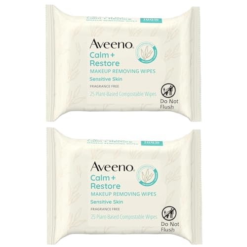 Aveeno Calm + Restore Nourishing Makeup Remover Face Wipes, Fragrance Free Facial Cleansing Towelettes with Oat Extract & Calming Feverfew, Alcohol Free, 100% Plant-Based Cloth, 25 ct - Pack of 2