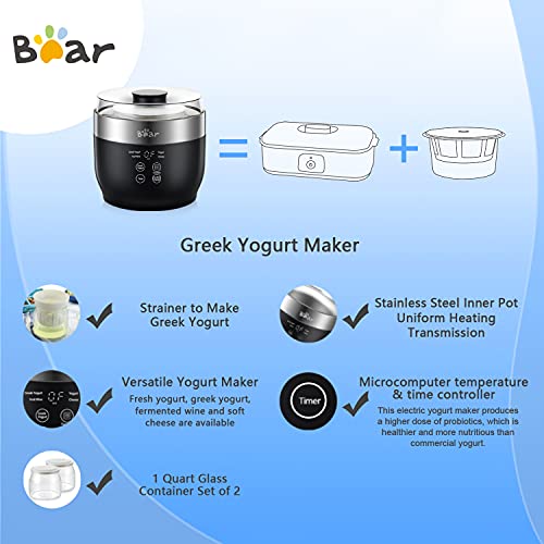 Bear Yogurt Maker Machine with Strainer & Timer Control - 2 x 33.8 oz