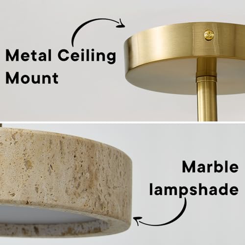 8-Inch Travertine Flush Mount Ceiling Light - Natural Stone & Gold Frame