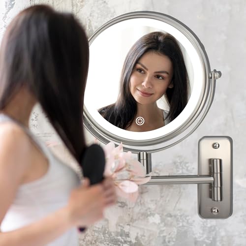 JANEEVA 8" Wall Mounted Lighted Makeup Mirror,Rechargeable Double Sided 1X/10X Magnifying Mirror with 3 Color Lights,Touch Dimmable Bathroom Vanity Mirror with 360¡ÆSwivel Extendable Arm Brushed Nickel