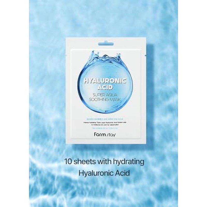 FARMSTAY Hyaluronic Acid Super Aqua Soothing Mask - Deep Hydration & Skin Calming Sheet Mask with Hyaluronic Acid - Moisturizing Care for All Skin Types, 0.84 fl.oz*10 Sheets