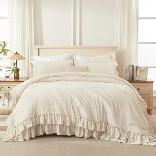 Beige Super King Plus Ruffle Comforter Set - 3 Pieces, 128"x120" | Elegant Bedding