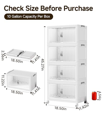 White 35 QT Stackable Storage Bins with Lids - 4 Tier Collapsible Plastic Closet Organizer