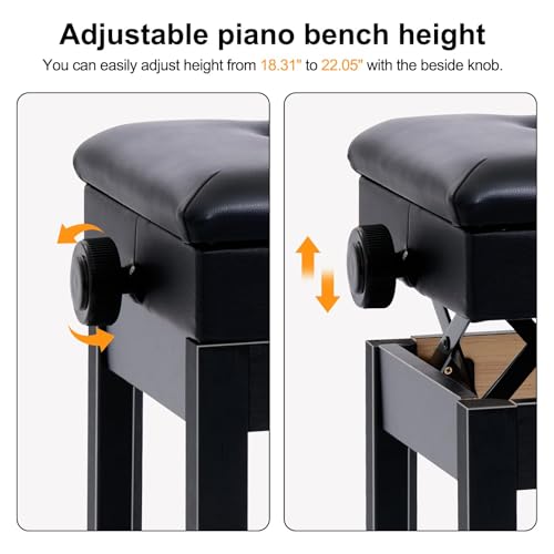 Adjustable Piano Bench with Storage, Padded Seat 22x13.4 Inches