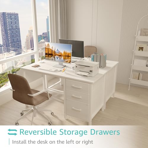 46.6-Inch White Reversible Computer Desk with File Cabinet for Home Office