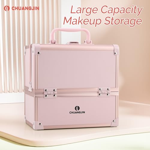 Makeup Train Case 2 Trays Makeup Box Organizer Portable Travel Makeup Case Lockable Makeup Storage Organizer Cosmetic Box for Jewelry Nail Tech Brushes Accessories Tool, Pink