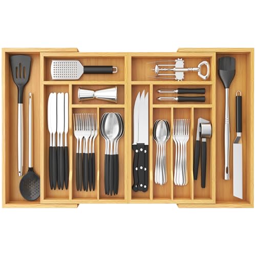 Lifewit Adjustable Silverware Drawer Organizer Tray | Bamboo Utensil Storage