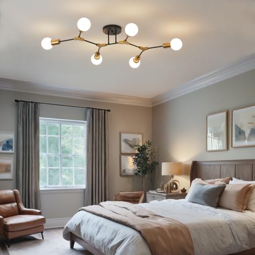 QUOOBE Gold and Black Sputnik Ceiling Light Fixture - 6-Light Mid Century Flush Mount