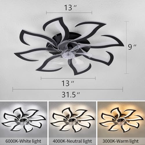 Dalouguan 32-Inch Black Ceiling Fan with Lights & Remote Control, 6 Speeds, 3 Light Colors, Flush Mount for Bedroom & Kitchen - 8 Lights Variant