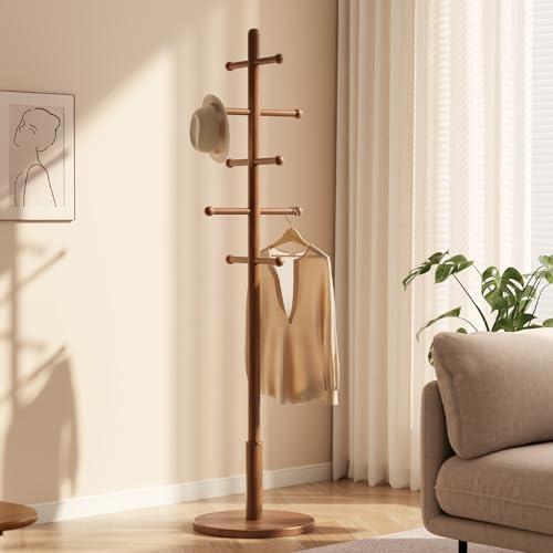 Solid Wood Coat Rack Tree with 10 Hooks, Adjustable Height Entryway Stand