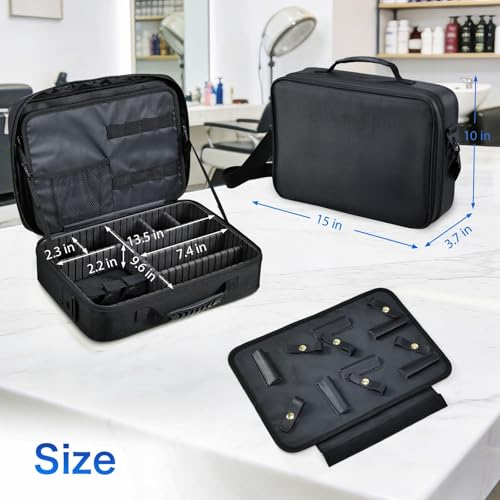 Yueieoun Professional Barber Clipper Case Organizer Bag, Black – Adjustable Dividers, 6-Slot Scissors Panel, Travel Grooming Tool Storage