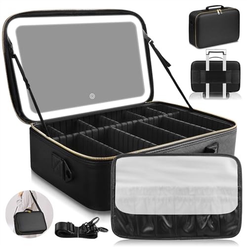 JJhxr Black 15'' Large Capacity Makeup Bag with LED Mirror & Adjustable Brightness